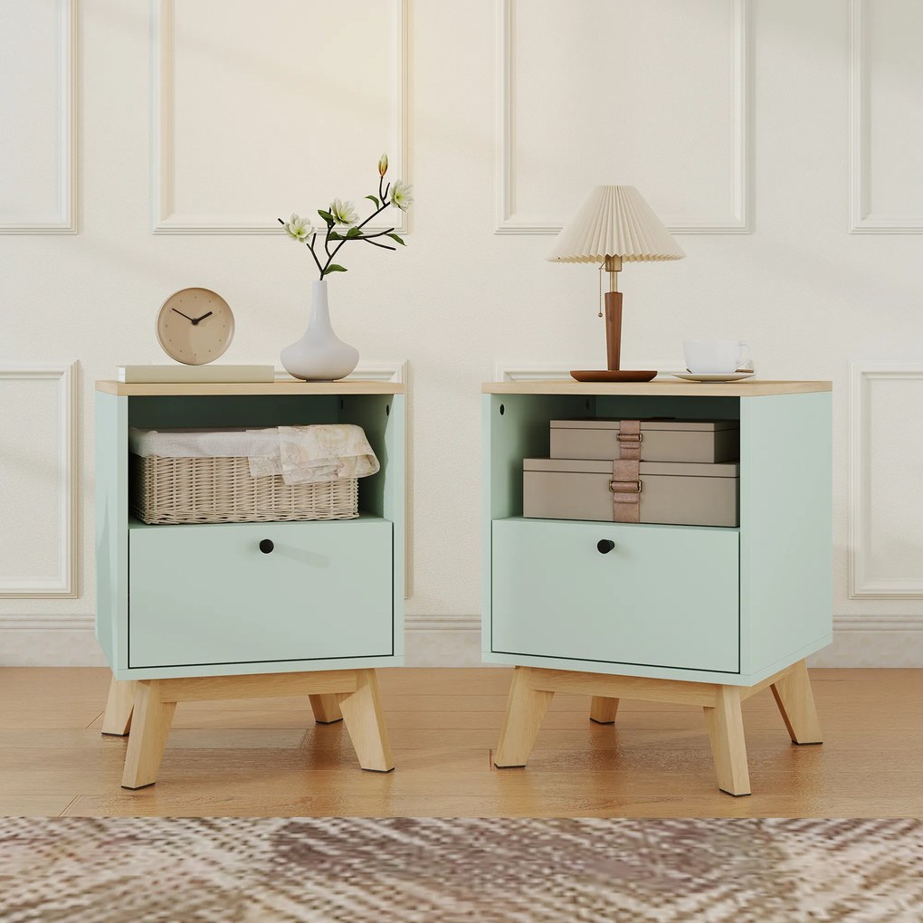 HOMCOM Set de 2 noptiere, noptiere cu sertar și compartiment deschis, 40 x 40 x 55 cm, stejar și verde deschis | Aosom Romania