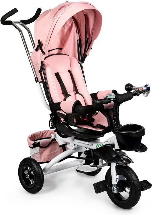 Tricicleta cu scaun rotativ, maner parental, copertina, cos depozitare, suport picioare, centura, culoare roz