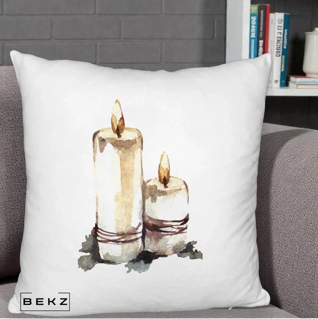 Perna Decorativa Lumanari Acuarela Iarna, 40x40 cm, Alb Pufos, Husa Detasabila, Perna Inclusa, BEKZ®