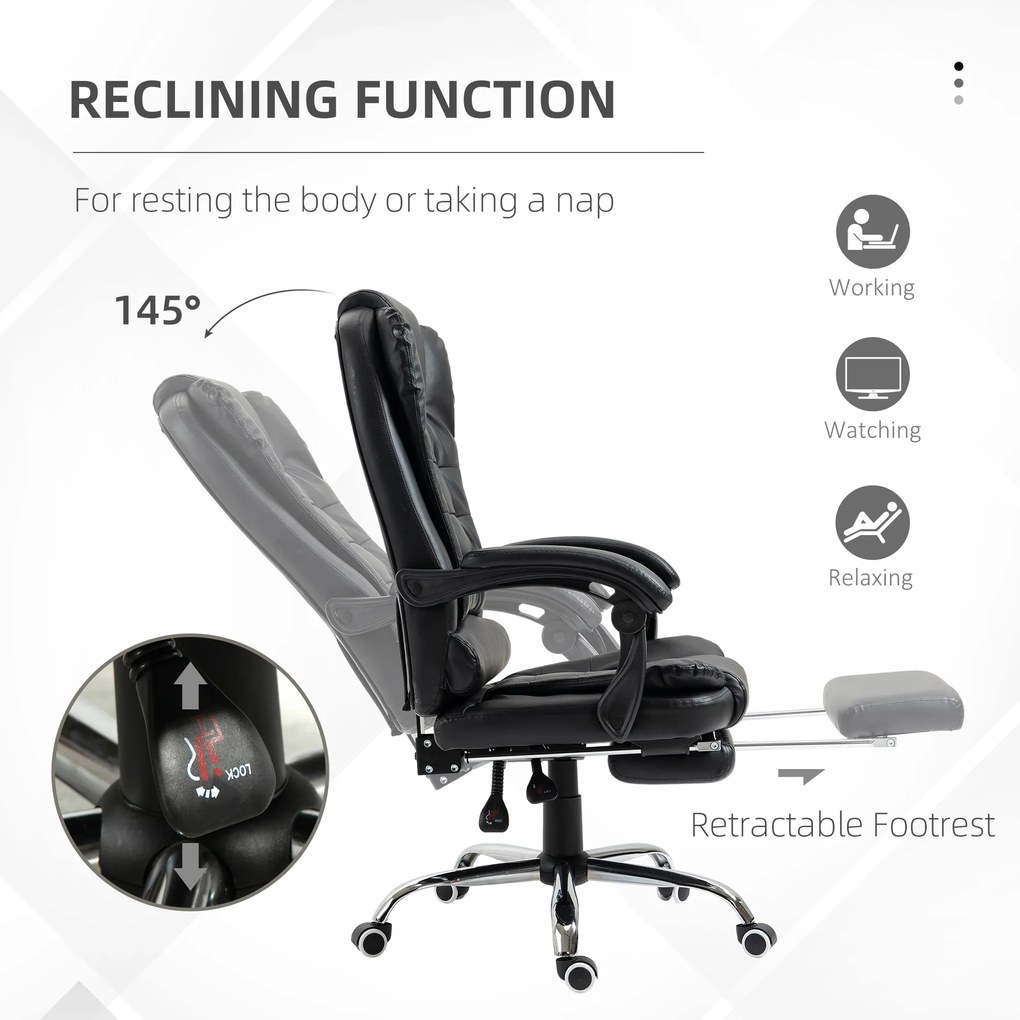 HOMCOM Scaun Birou din Piele Artificială Neagră Înălțime Reglabilă Spătar Rabatabil 64.5x69x127cm | Aosom Romania