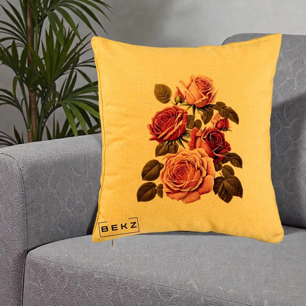 Perna Decorativa Trandafiri Vintage Roz-Rosii, 40x40 cm, Galben, Husa Detasabila, Perna Inclusa, BEKZ®
