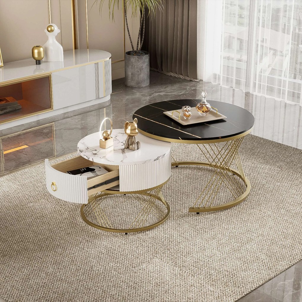 Set de 2 Măsuțe de Cafea Moderne Modulare din Marmură Sintetică cu Detalii Aurii și Sertare, Dimensiuni 70x70x45 cm și 50x50x40 cm, Negru
