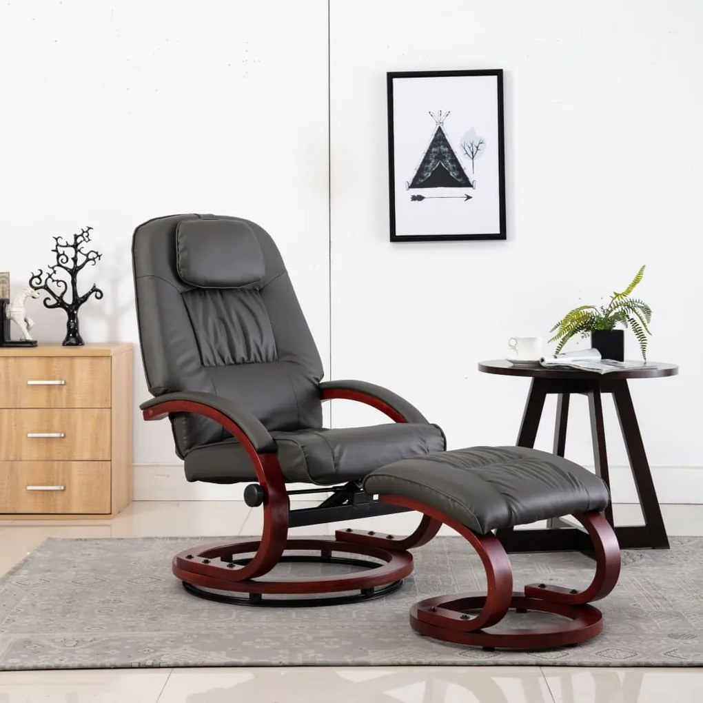 248702 vidaXL Fotoliu rabatabil cu taburet, gri, piele ecologică