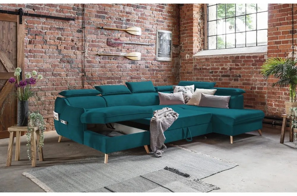 Colțar turcoaz extensibil cu tapițerie din catifea (cu colț pe partea dreaptă/în formă de "U") Sweet Harmony – Miuform