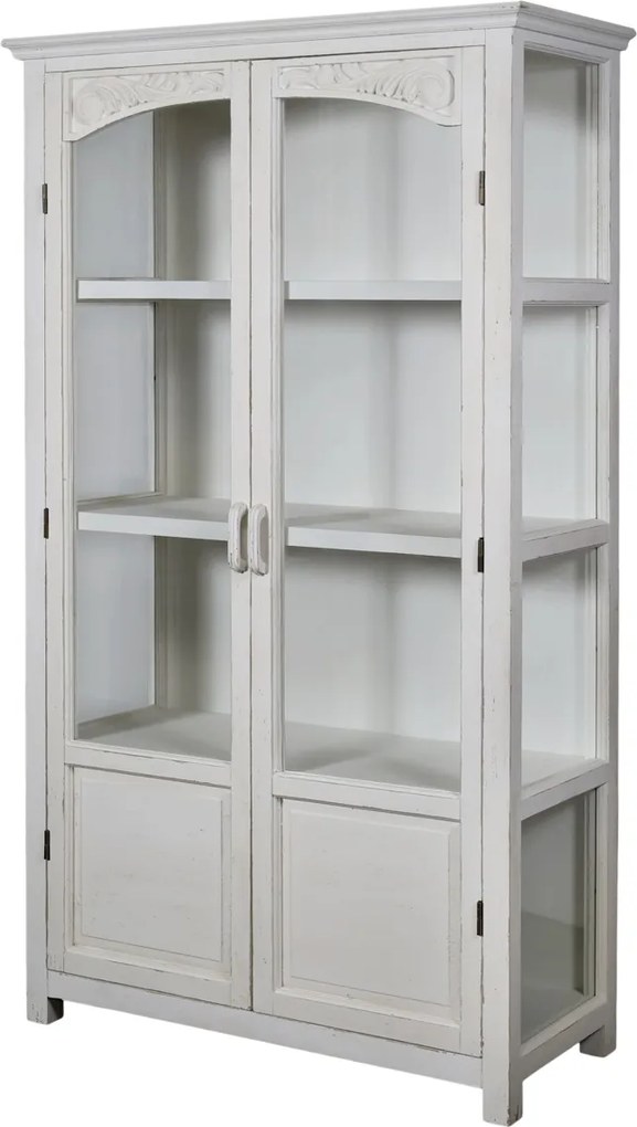 Vitrină albă antichizată din lemn cu uși vitrate și detalii sculptate, finisaj crem antichizat, 3 rafturi, 170×97×41 cm, „Béatrice"