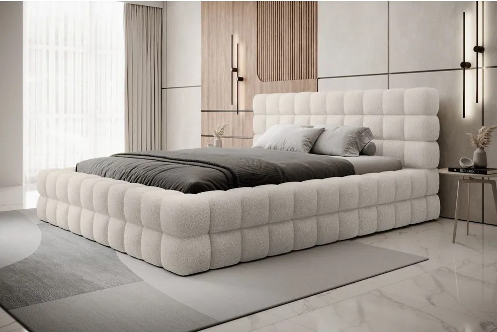 Pat matrimonial alb tapițat cu spațiu de depozitare cu somieră 180x200 cm Dizzle – ELTAP