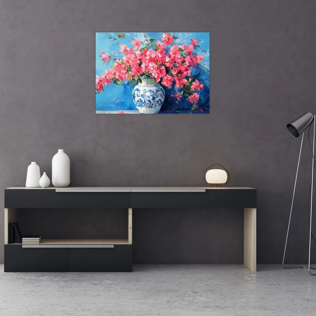 Tablou pe sticlă - Vază cu flori roz (70x50 cm)