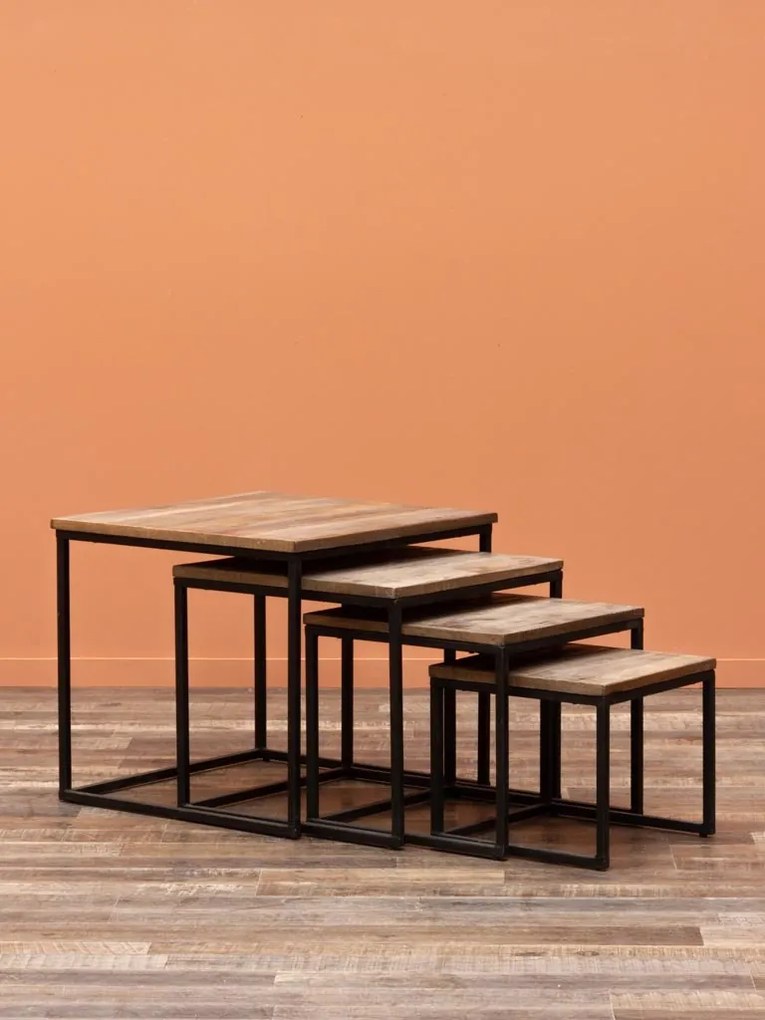 Set 4 masute laterale din metal si lemn de tec, Wicket