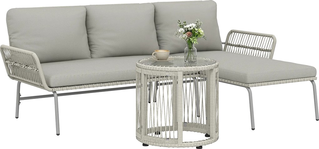 Outsunny Set mobilier de grădină din poliratan 3 piese, set lounge cu chaiselongue canapea pentru două persoane masă cu sticlă perne detașabile | Aosom Romania