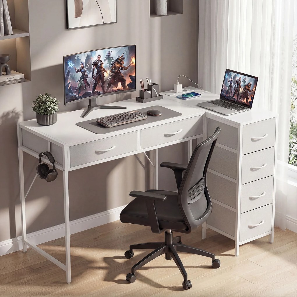 HOMCOM Birou de Colț Reversibil cu Prize și Porturi USB, 126x48 cm, Birou în Formă de L cu 6 Sertare din Material Textil, Cârlig Lateral, pentru Computer, Birou, Cameră, Alb | Aosom Romania