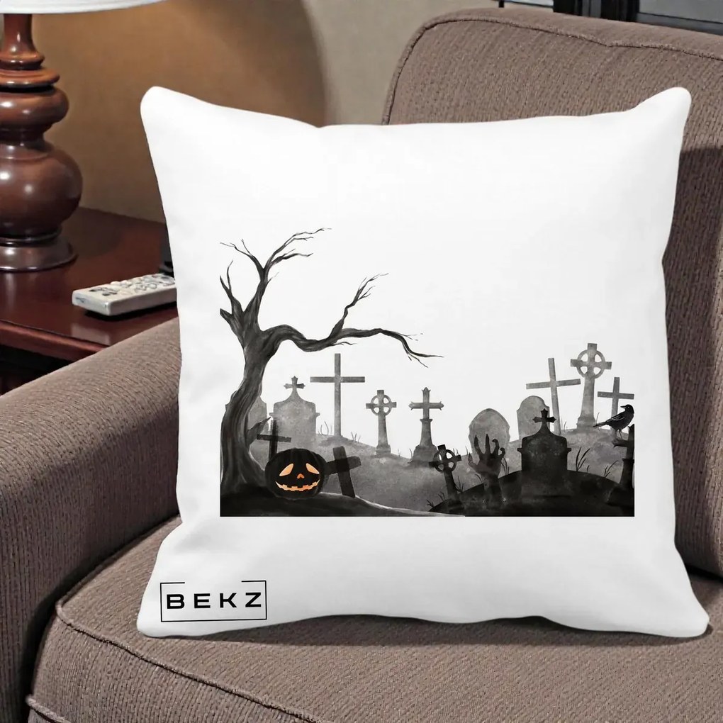 Perna Decorativa Halloween Cimitir Acuarela cu Dovleac, 40x40 cm, Alba Mata, Husa Detasabila, Perna Inclusa, BEKZ®