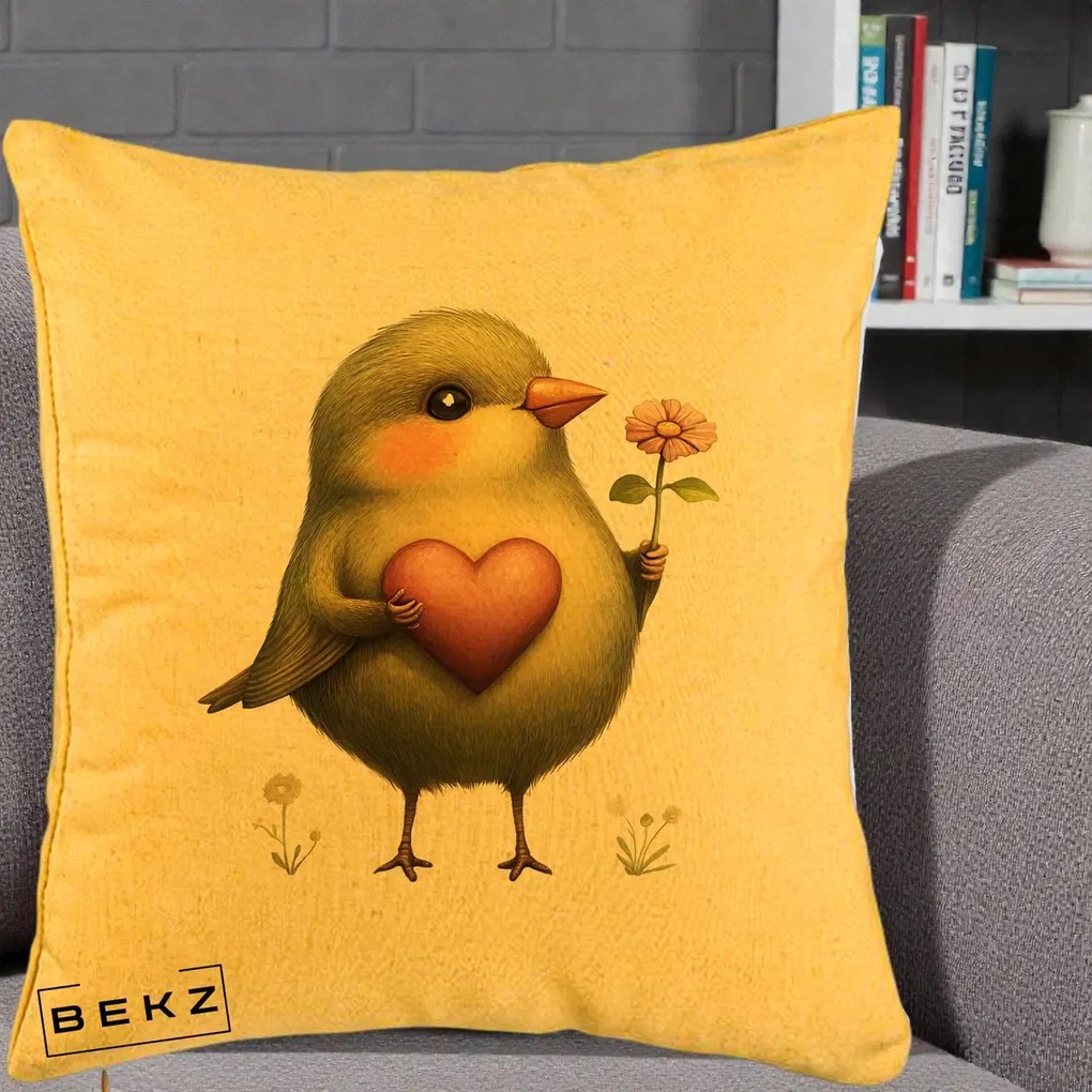 Perna Decorativa Pasare Verde cu Inima si Floare, 40x40 cm, Galben, Husa Detasabila, Perna Inclusa, BEKZ®