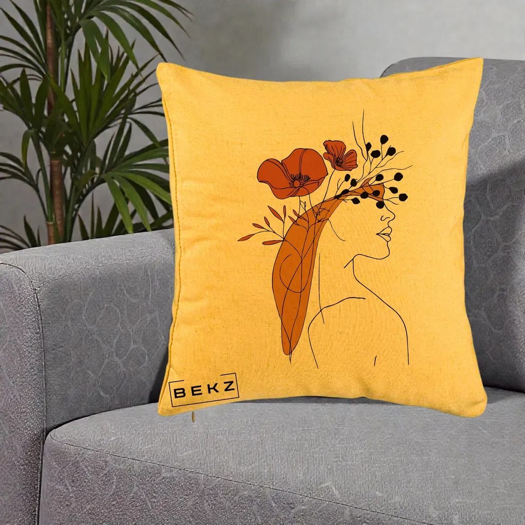 Perna Decorativa Portret Feminin Maci Rosii Auriu, 40x40 cm, Galben, Husa Detasabila, Perna Inclusa, BEKZ®
