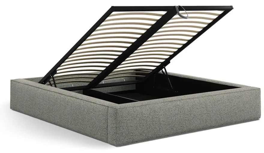 Pat matrimonial verde tapițat cu spațiu de depozitare cu somieră 200x200 cm Simon Olivia – Micadoni