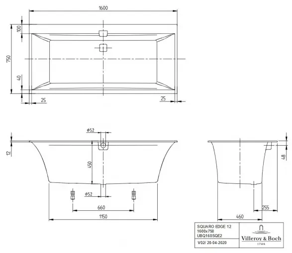 Cada dreptunghiulara, Villeroy&Boch Squaro Edge 12, compozit Quaryl, 160x75cm, Alb Alpin, UBQ160SQE2DV-01