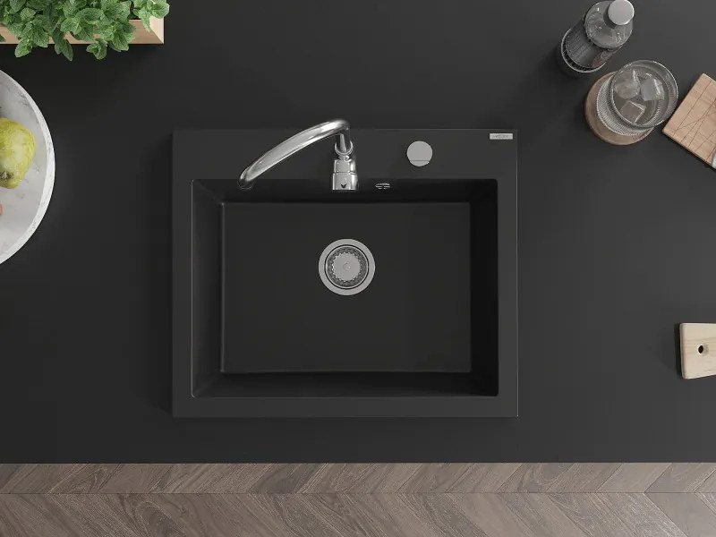 Mexen Elix chiuvetă de granit 1-cameră 600 x 500 mm, neagră, sifon crom - 6525601005-77