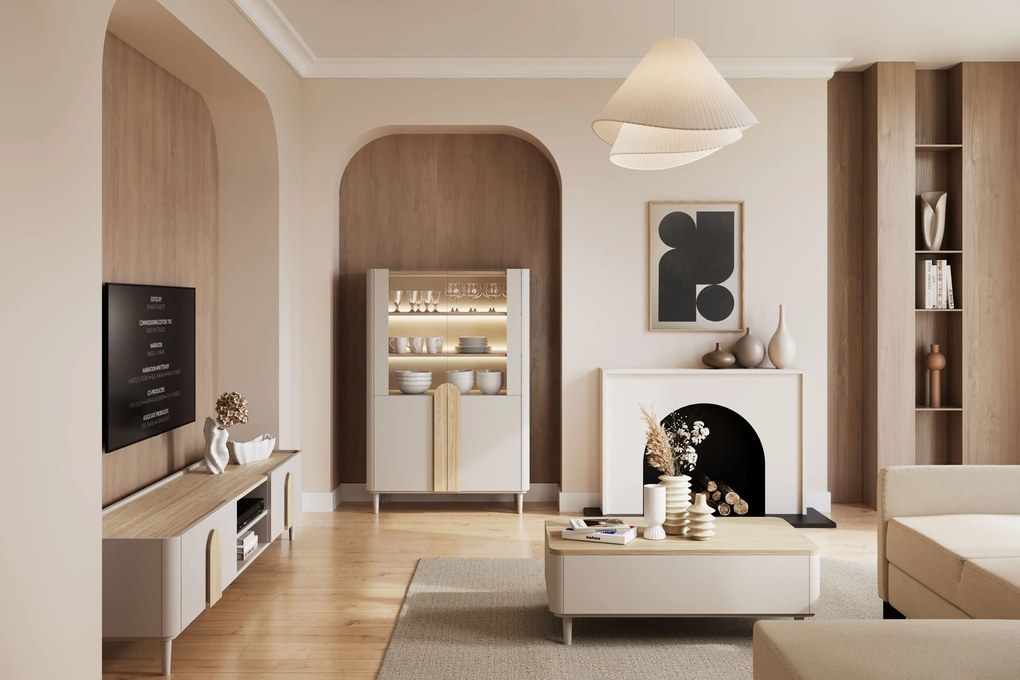 Vitrină Amilio 100 cm pentru living - cashmere / stejar uleiat / mânere stejar deschis