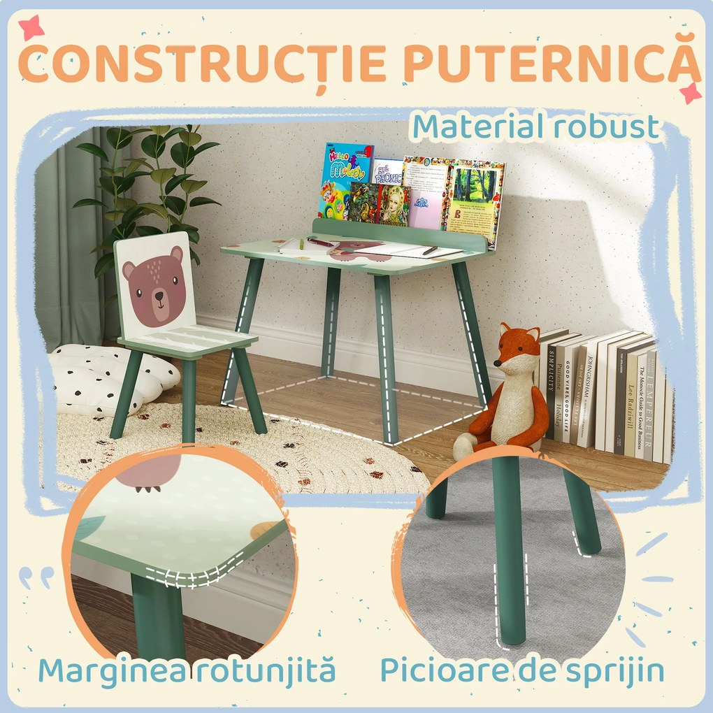 AIYAPLAY Birou Copii cu Raft pentru Depozitare din MDF și Lemn de Pin, cu Masă și Scaun, 60x48x53.5 cm, Verde | Aosom Romania
