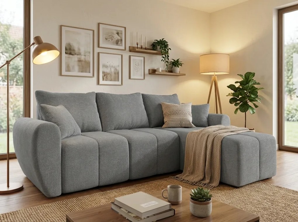 Coltar extensibil de colt SEVIO, gri, reversibil, 246x145 cm + 2 perne GRATUIT
