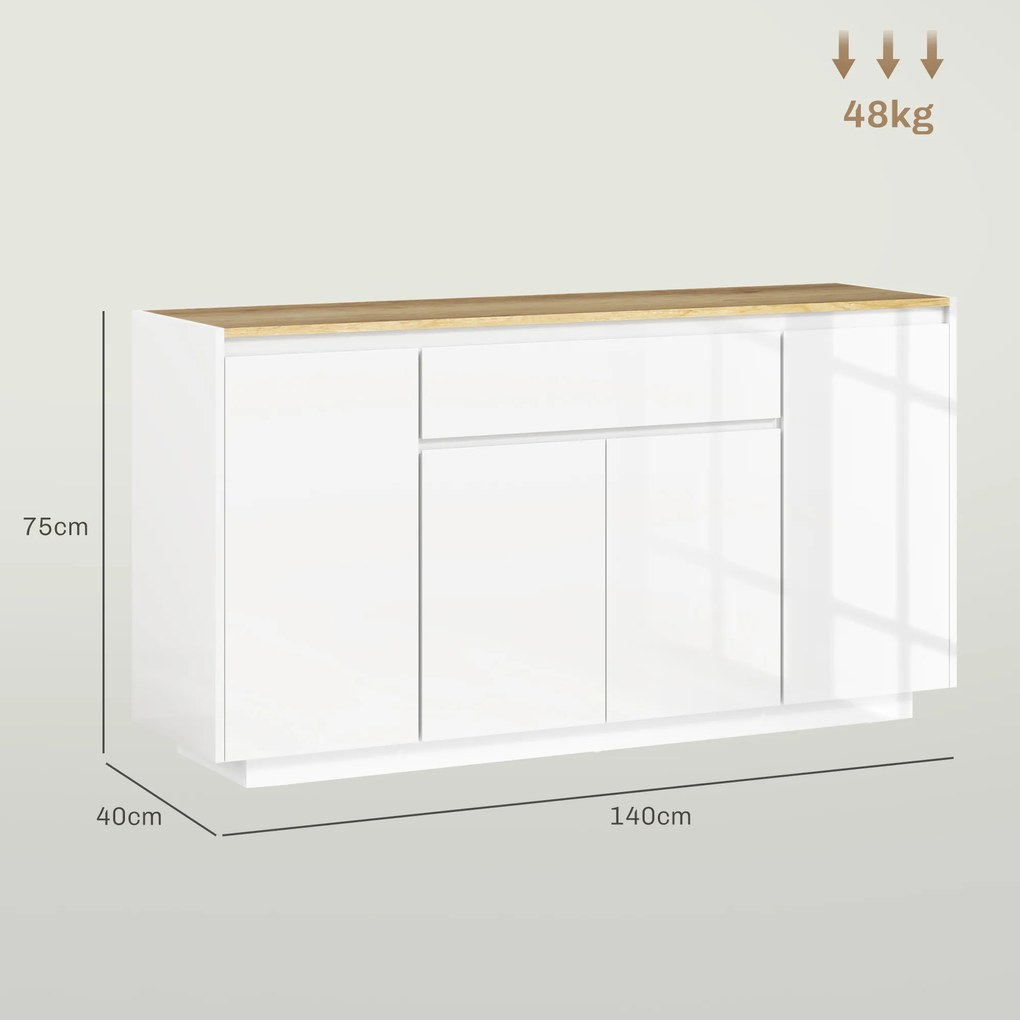 HOMCOM Bufet de Bucătărie cu 3 Dulapuri și 4 Uși cu Îchidere Lină, Mobilier Modern cu Sertar, 140x40x75 cm, Alb | Aosom Romania