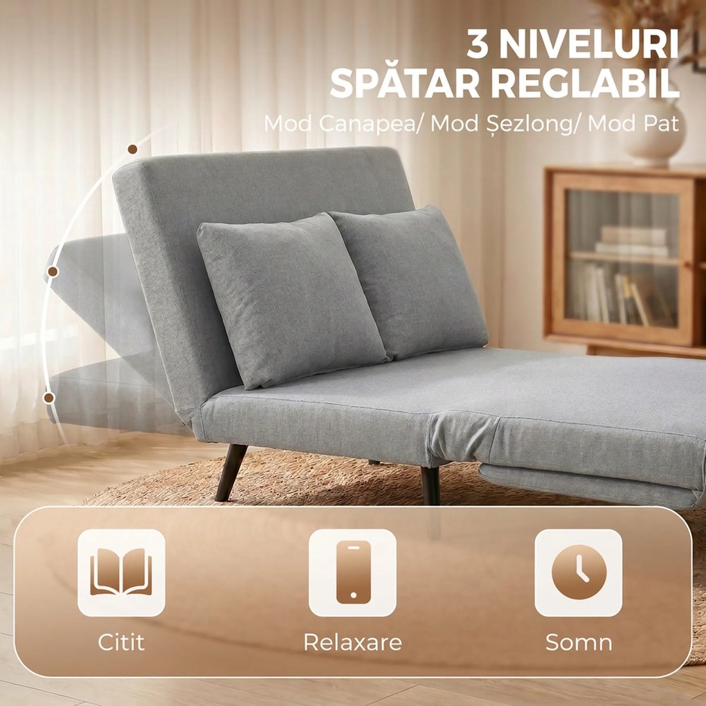 HOMCOM Canapea Extensibilă 2 Persoane 3 în 1 din Material Tip In cu 2 Perne, Cadru din Eucalipt, Gri Deschis | Aosom Romania