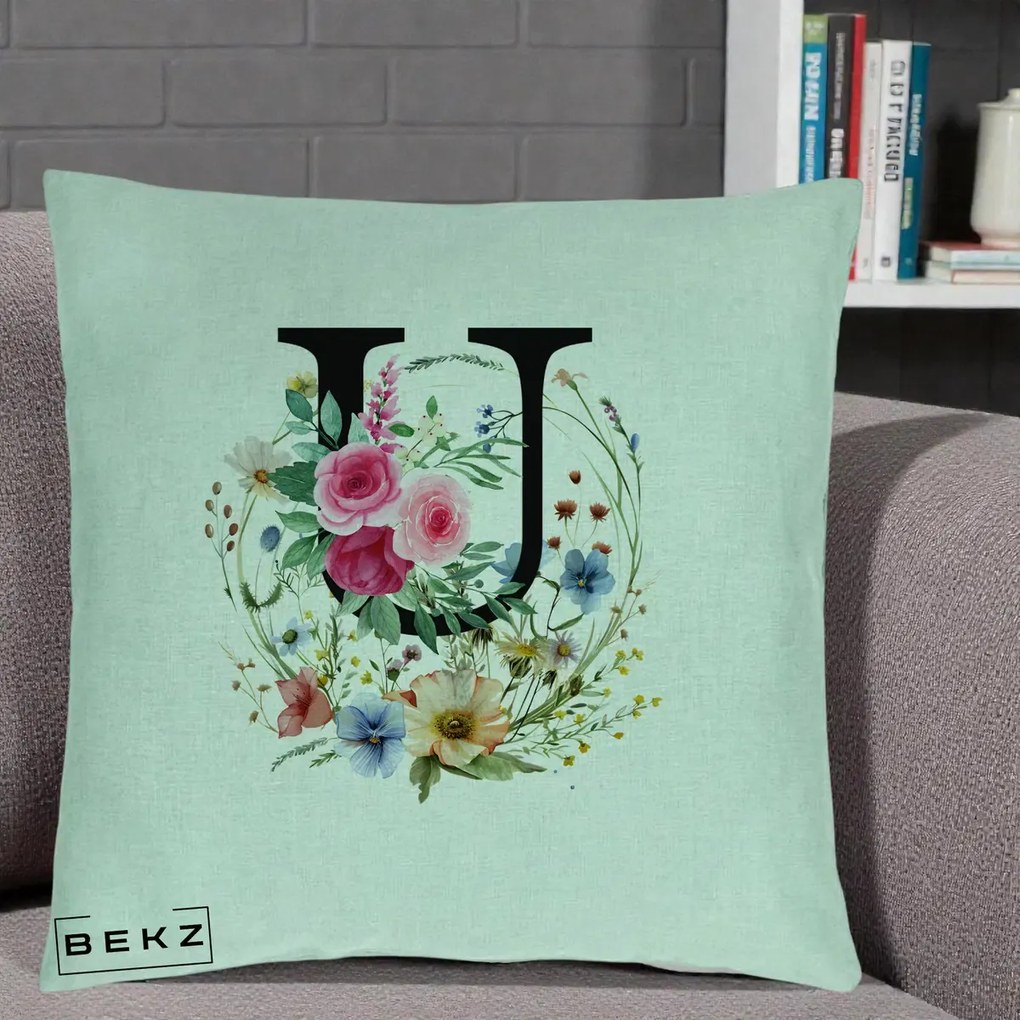Cadou Personalizat - Perna Personalizata Monogram Litera U cu Flori Acuarela, 40x40 cm, Verde Menta, Husa Detasabila, Perna Inclusa, BEKZ®