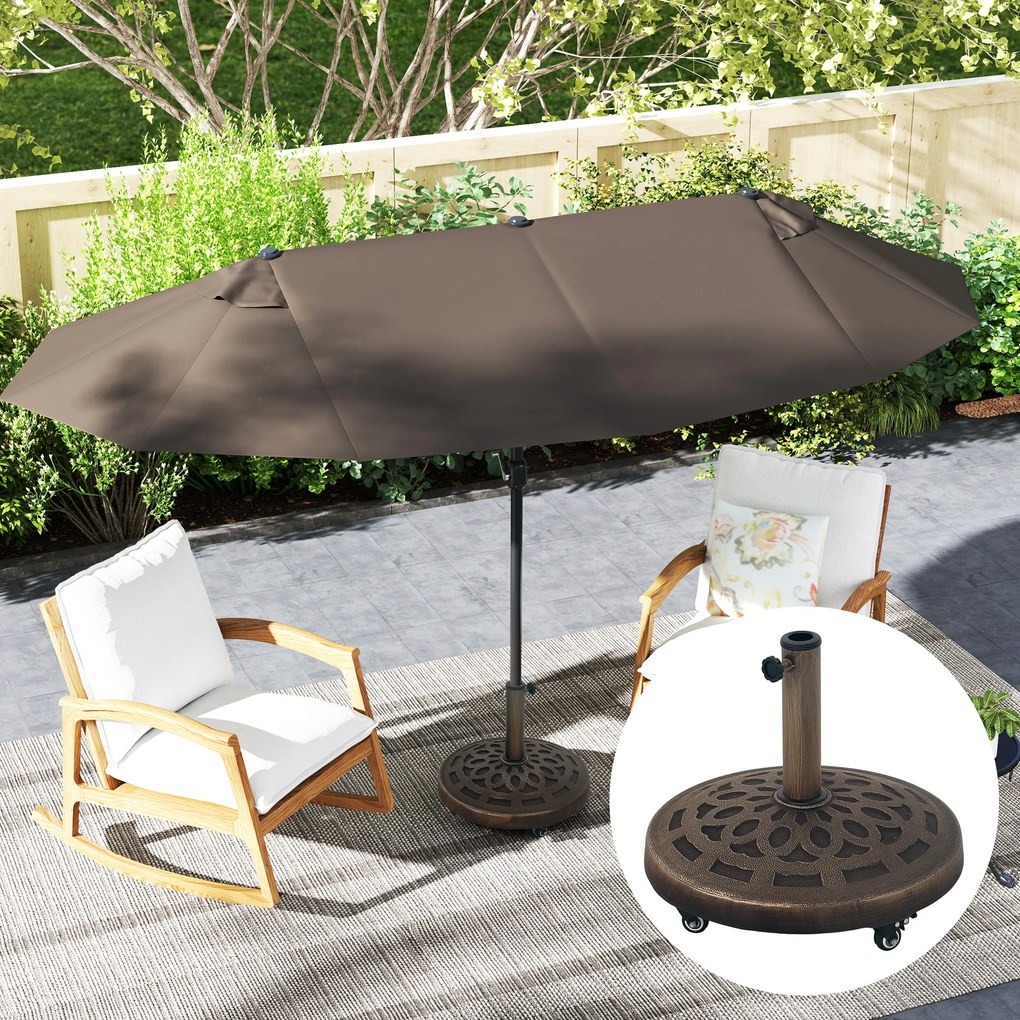 Outsunny Bază Rotundă pentru Umbrelă de Terasă cu Roți, Bază din Rășină de 21 kg, Suport Robust pentru Stâlpi de 3,3/3,8/4,8 cm pentru Exterior, Grădină, Marginea Piscinei, Bronz | Aosom Romania