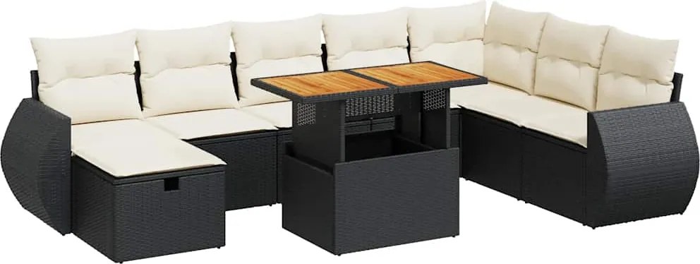 vidaXL Set mobilier grădină perne 9 piese negru poliratan/lemn acacia