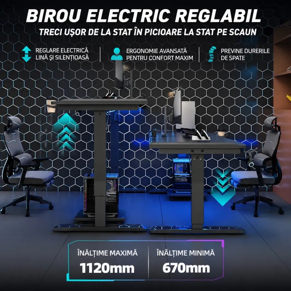 KRYON GT15 – Birou Gaming Electric, 2 Motoare, Reglare 67–112 cm, RGB, Încărcare Wireless, Memorie 3 Poziții, Blat Carbon, 120 kg, 140x60 cm, Negru