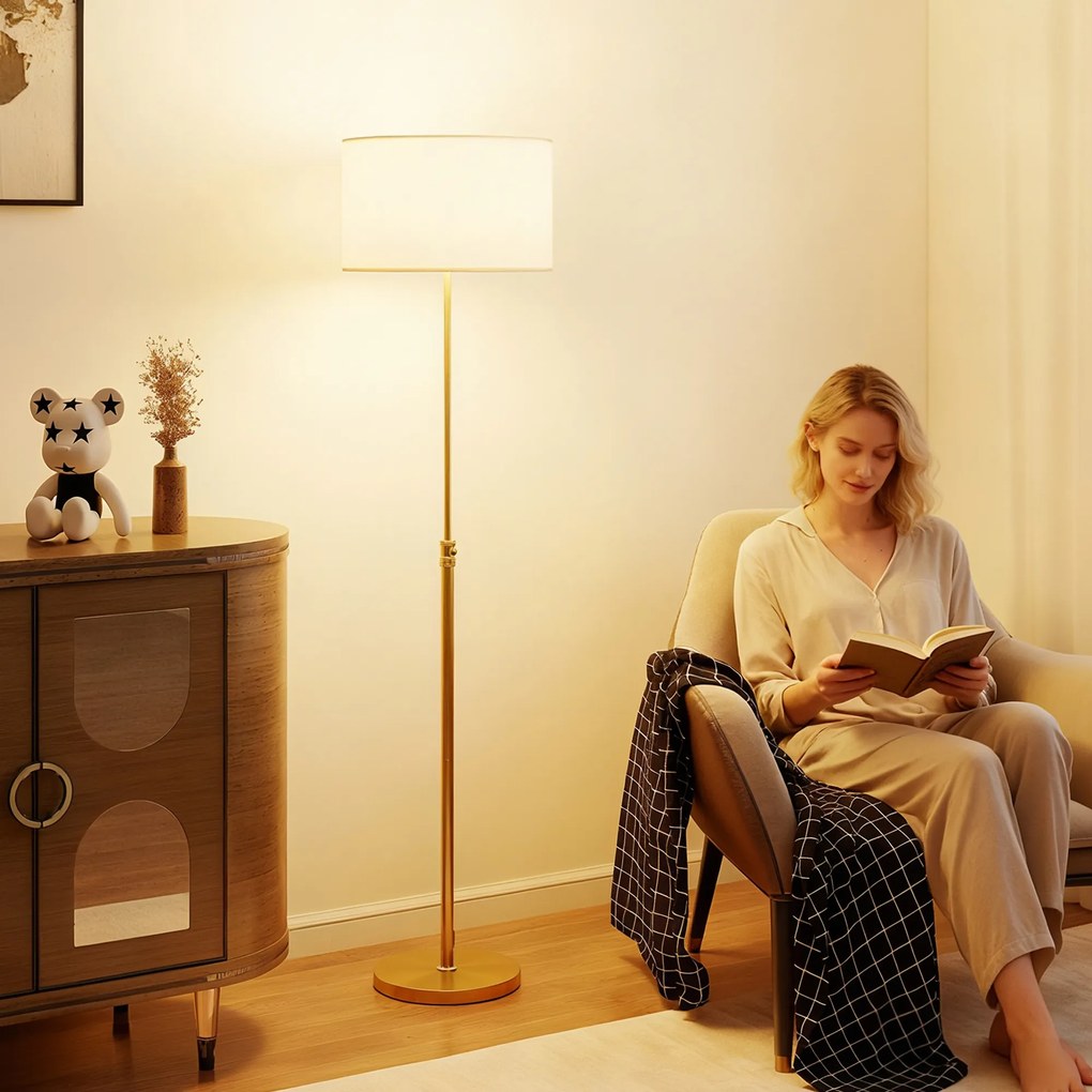 HOMCOM Lampă de podea cu telecomandă, reglabilă pe înălțime, abajur din stofă, suport metalic, luminozitate reglabilă, comutator de picior, culoare auriu | Aosom Romania