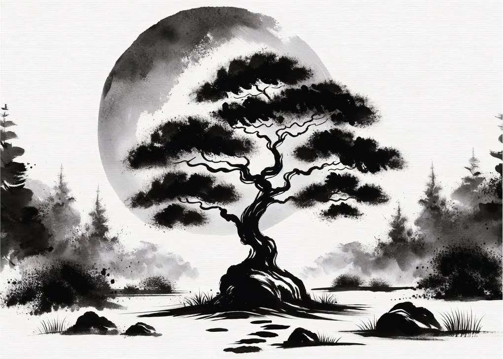 Tablou pe sticlă – Bonsai alb-negru (70x50 cm)