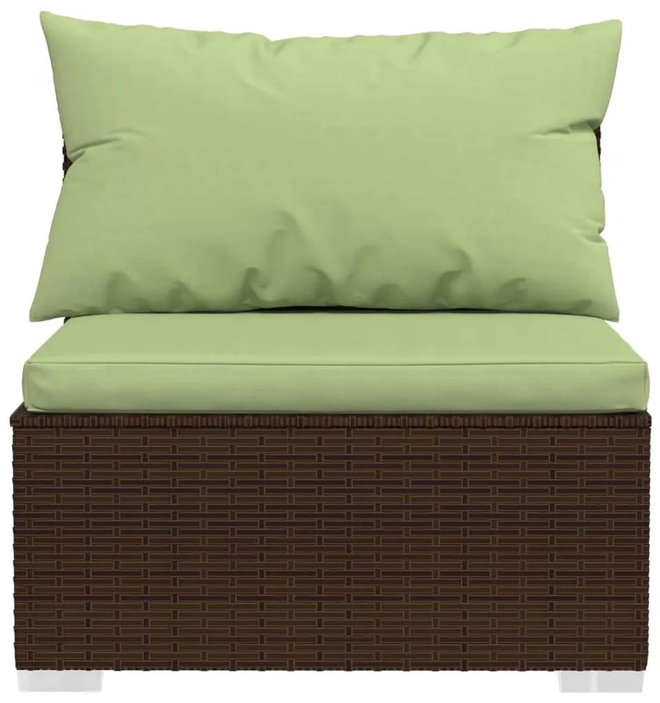 Set mobilier de gradina cu perne, 7 piese, maro, poliratan maro si verde, 3x colt + 3x mijloc + suport pentru picioare, 1