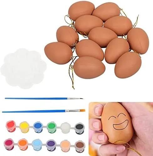 Set de 12 oua pentru Paste cu accesorii pentru decorat XiXiRan, plastic, maro, 7 x 5 cm