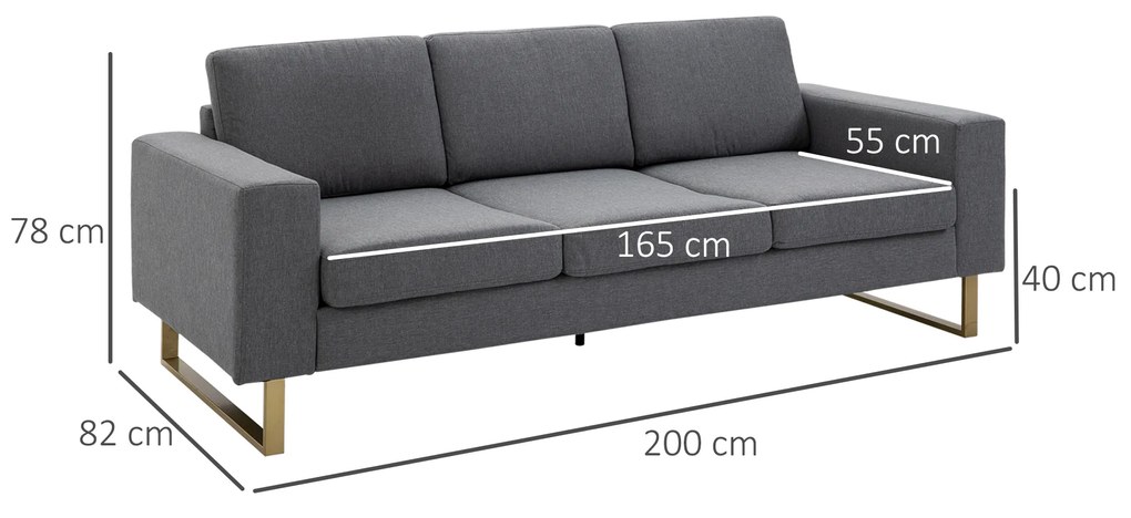 HOMCOM Canapea in 3 Locuri cu Perne in Tesatura de Lin Gri inchis, 200x82x78cm