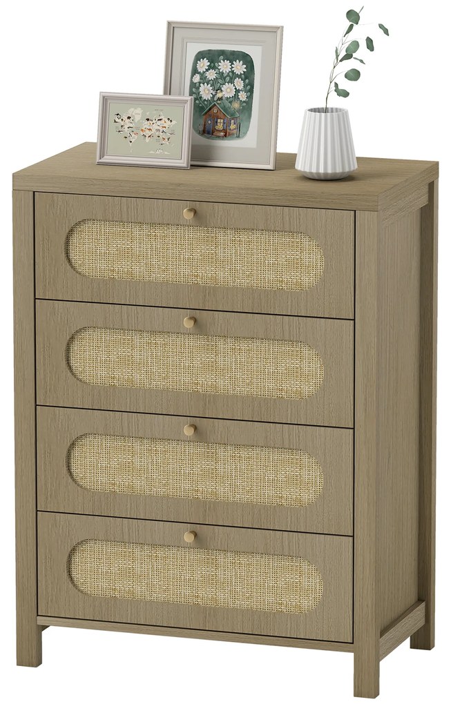 HOMCOM Comodă 4 sertare mobilier de depozitare stil boemian cu uși din răchită, 70 x 38 x 93 cm, efect lemn natural | Aosom Romania