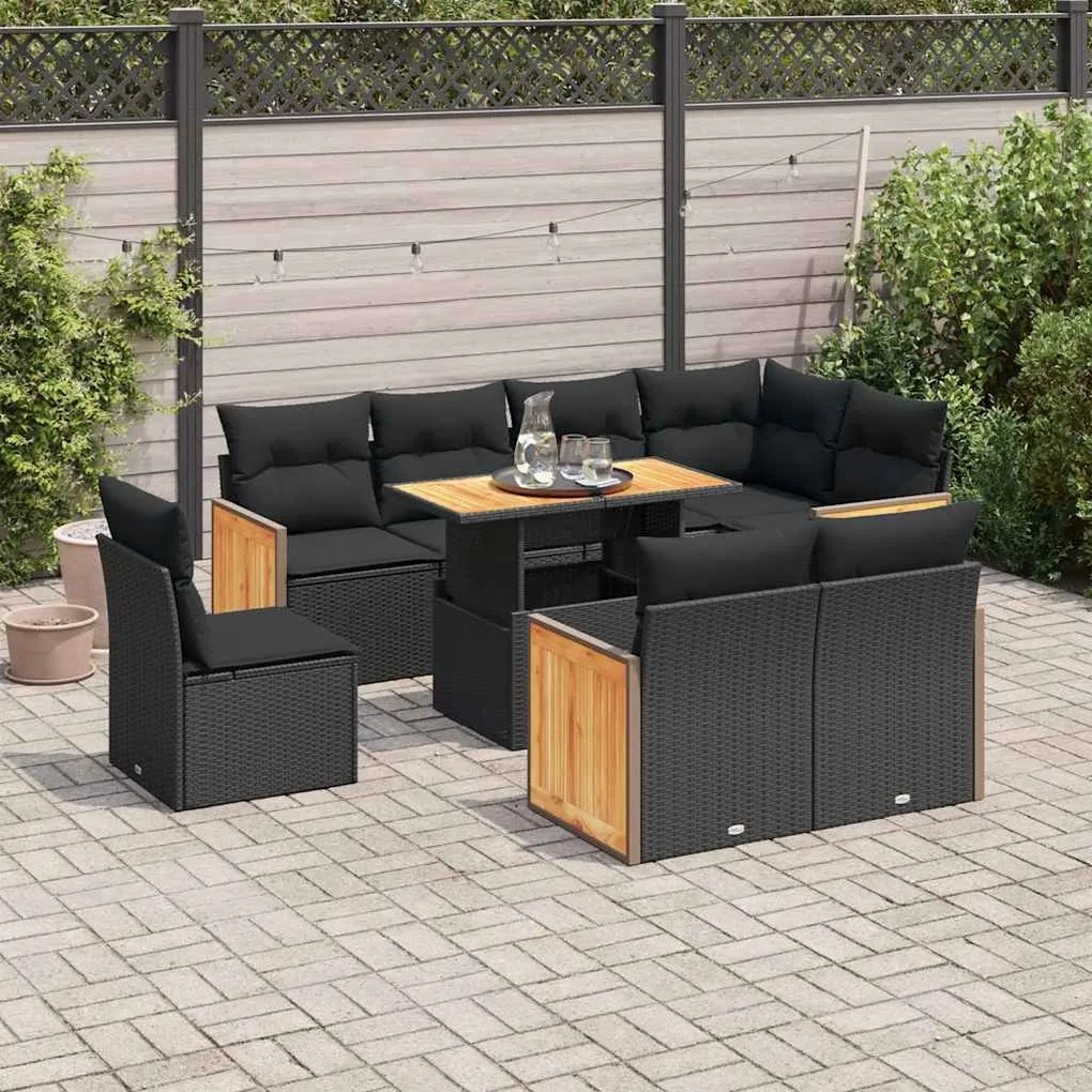 3327723 vidaXL Set mobilier grădină perne 9 piese negru poliratan/lemn acacia