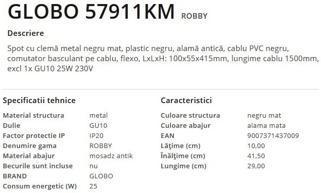 Veioza, lampa de birou cu clema design modern Robby alama antic
