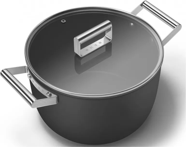 Oala cu capac SMEG CKFC2611BLM, 7,7 l, Ø26 cm, Acoperire cu teflon, Pana la 250°C, Inductie, Negru