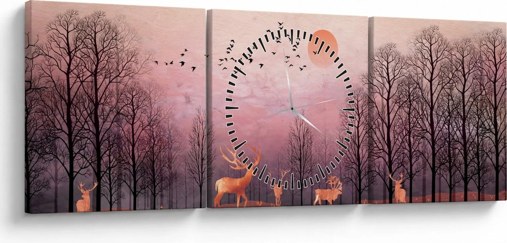 Tablou - Căprioare în strălucirea apusului de soare (cu ceas) (90x30 cm)