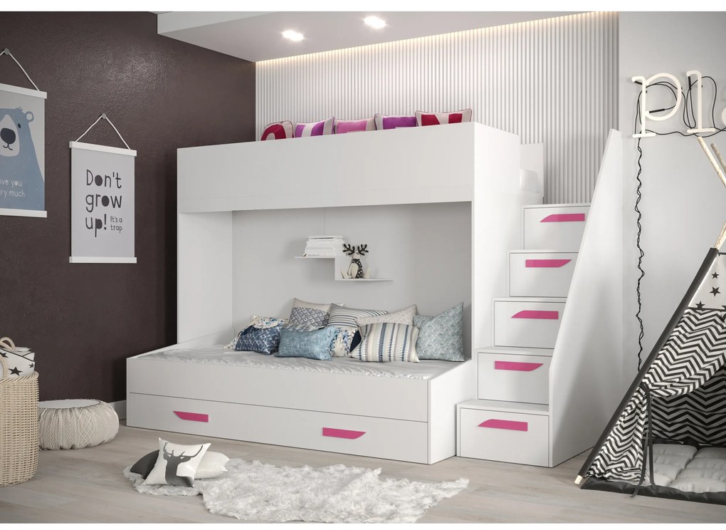 Pat pentru copii combinat 90 cm Puro 16 (alb mat + alb lucios + mânere roz). 1087109