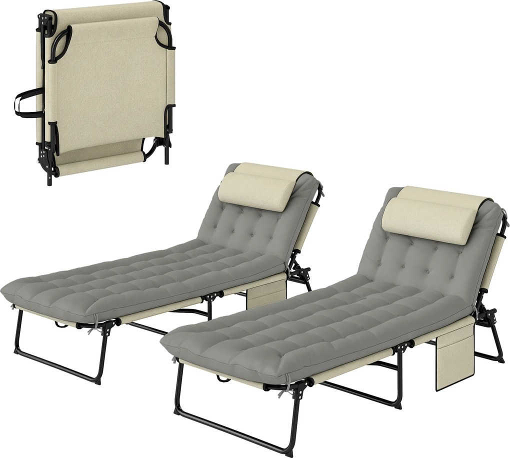 Outsunny Set de 2 șezlonguri pliabile cu spătar reglabil în 4 poziții - suport pentru cap și saltea groasă crem | Aosom Romania