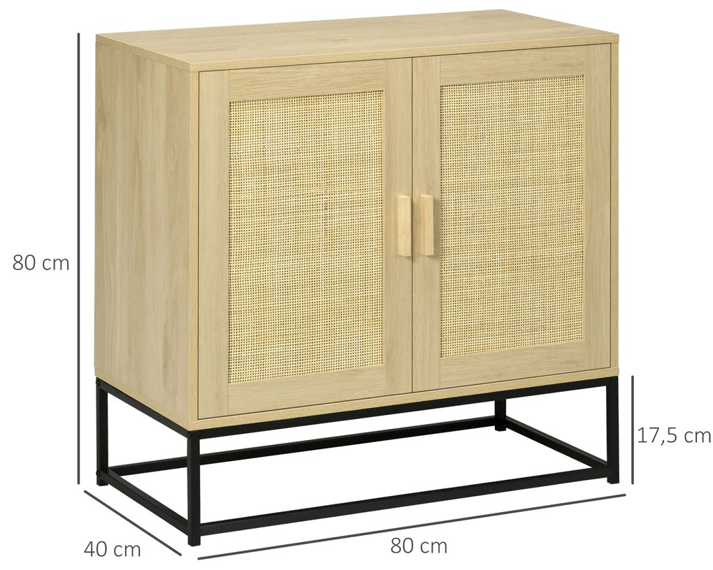 HOMCOM Bufet joasă de stil boem cu dulap 2 uși ratan țesut raft ajustabil în înălțime 80 x 40 x 80 cm natural | Aosom Romania