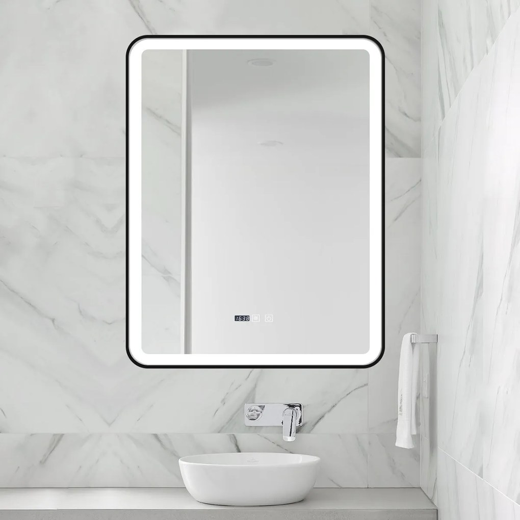 Oglindă Baie LED și Dezaburire Elit's Premium cu Senzor Touch, Lumina Rece, Caldă și Neutră, 70x90cm, cu rama Negru Antichizat, Ceas