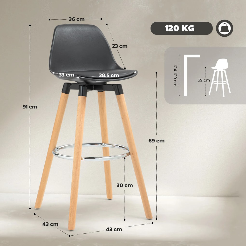 HOMCOM Set 2 Scaune de Bar Moderne din Piele Ecologică, Scaune Înalte de Bucătărie, Negru | Aosom Romania