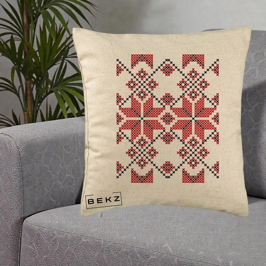 Perna Personalizata Motiv Traditional Cusatura Rosu-Negru, 40x40 cm, Bej, Husa Detasabila, Perna Inclusa, BEKZ®