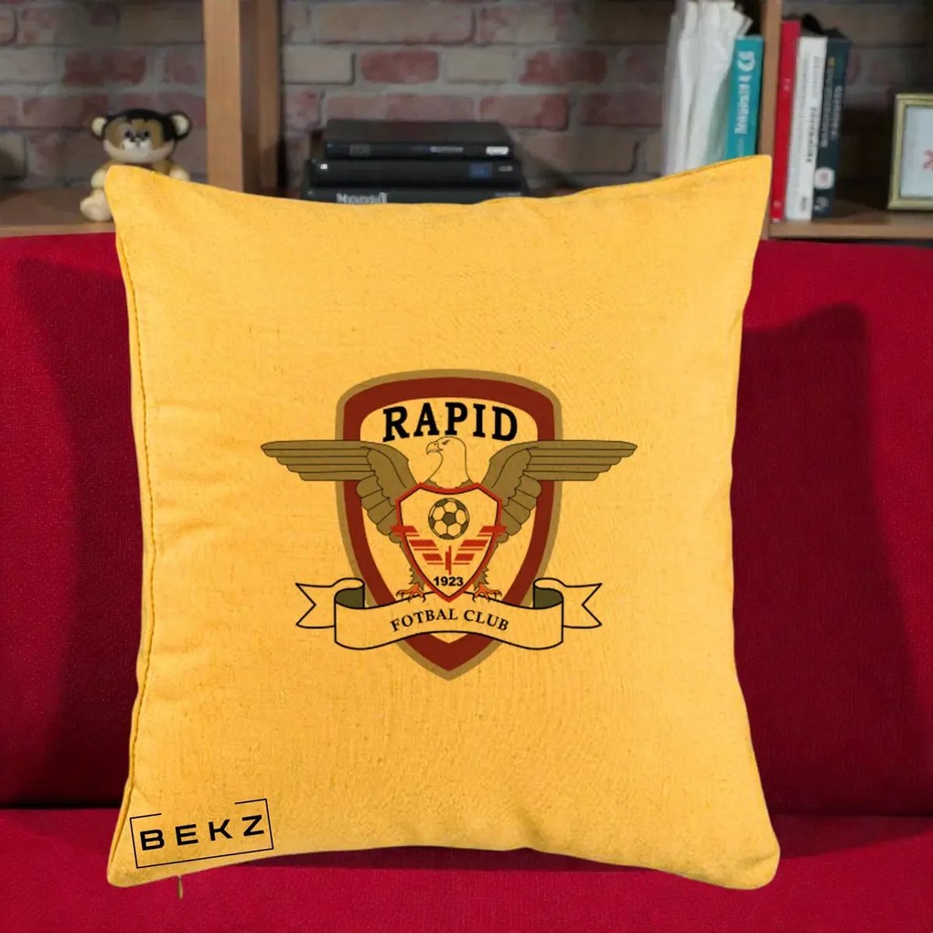 Perna Personalizata Rapid Fotbal Club 1923, 40x40 cm, Galben, Husa Detasabila, Perna Inclusa, BEKZ®