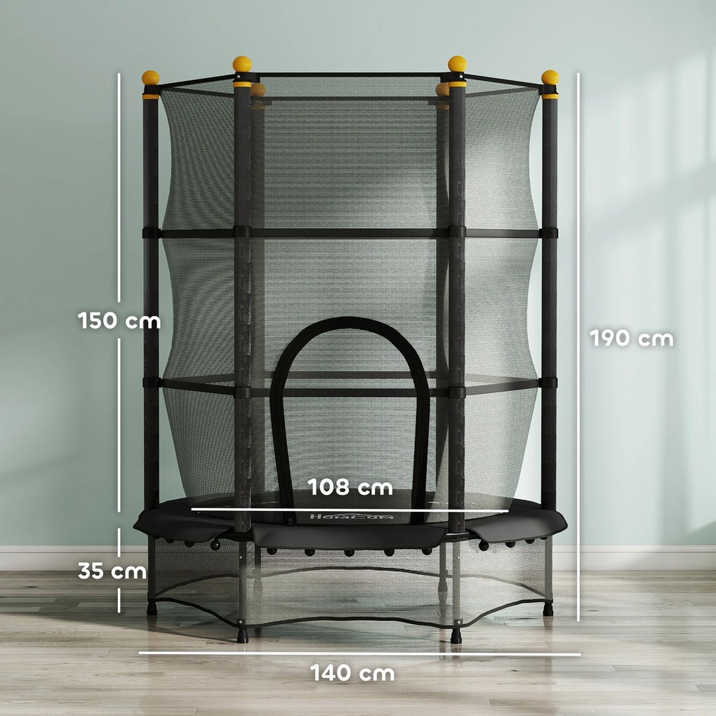 HOMCOM Trambulină Elastică pentru Copii 3-10 Ani cu Plasă de Siguranță și Țevi Capitonate, Ø140 x 190 cm, Negru | Aosom Romania