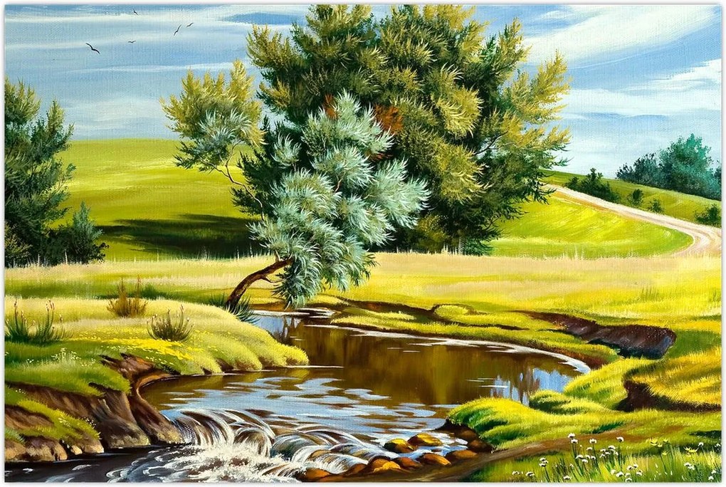 Tablou - Râu între câmpii, pictură în ulei (90x60 cm)