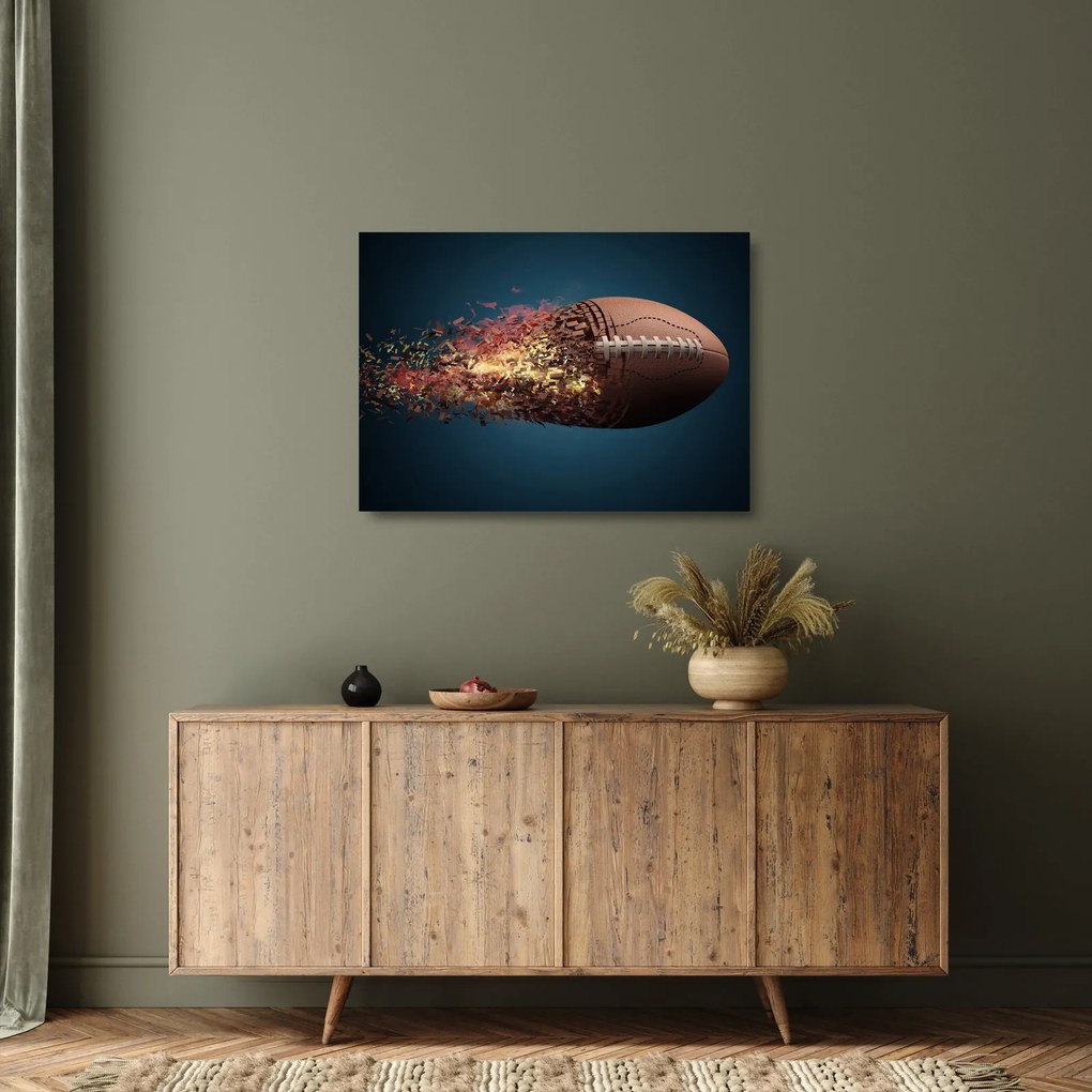 Tablou pe sticlă - Minge de ruggby în acțiune (70x50 cm)