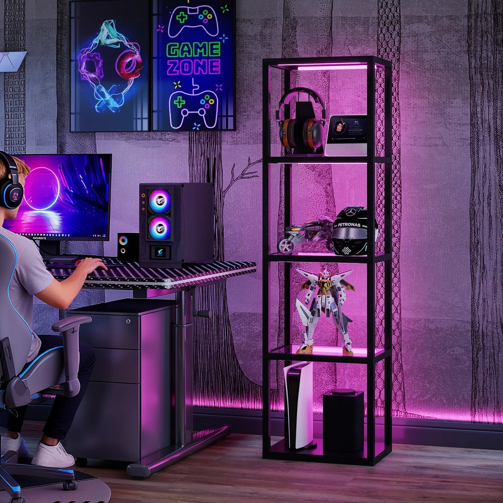 HOMCOM Lampă de podea RGB cu rafturi din sticlă, lampă LED cu 4 niveluri cu telecomandă, sincronizare muzicală, negru | Aosom Romania